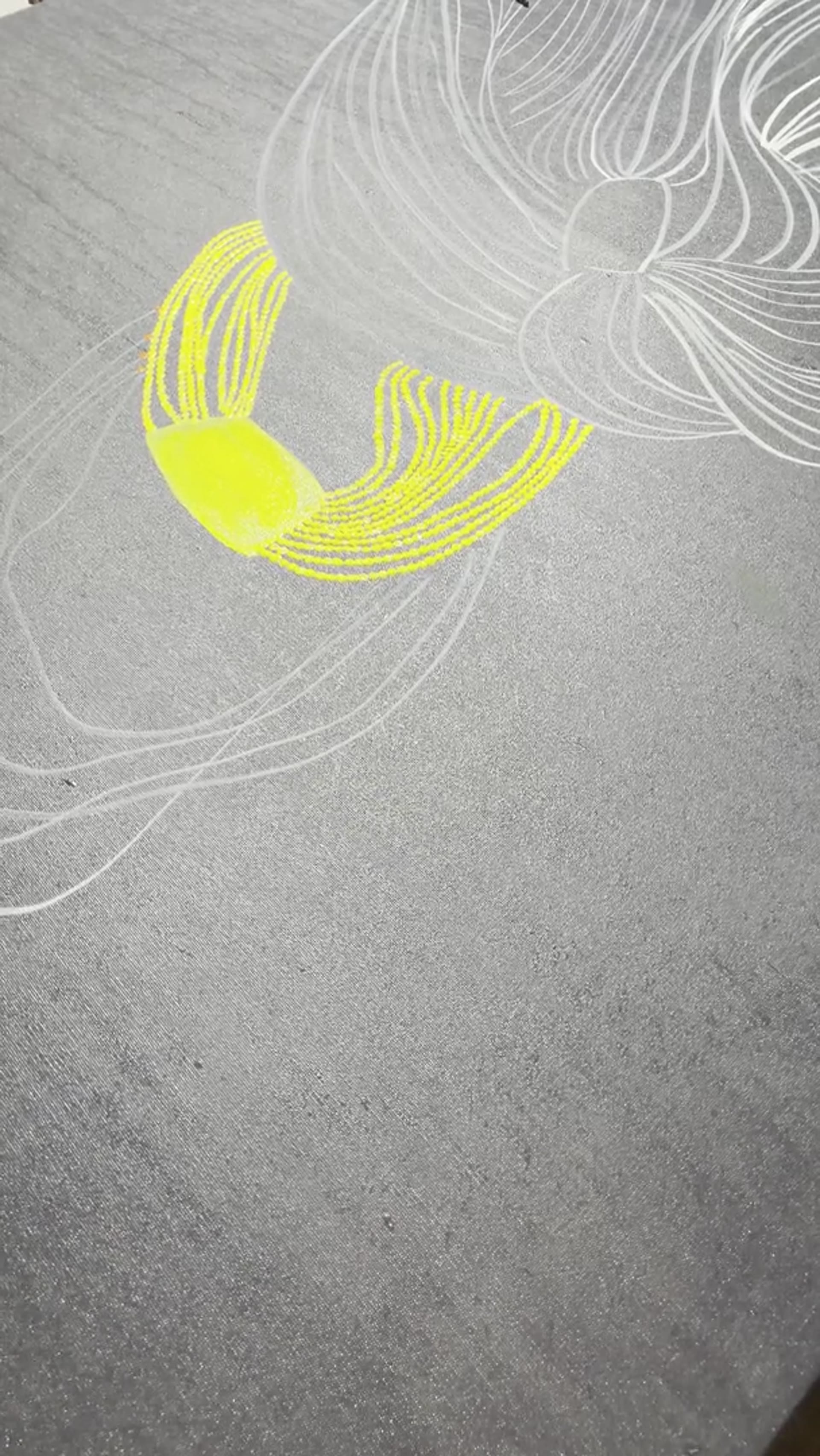 Début de la toile des tresses : premiers faisceaux en jaune