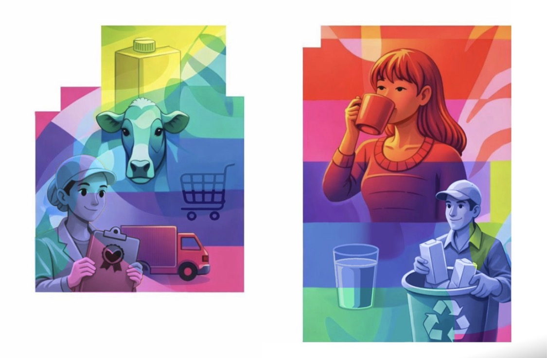 Two digital campaign illustrations on milk and recycling