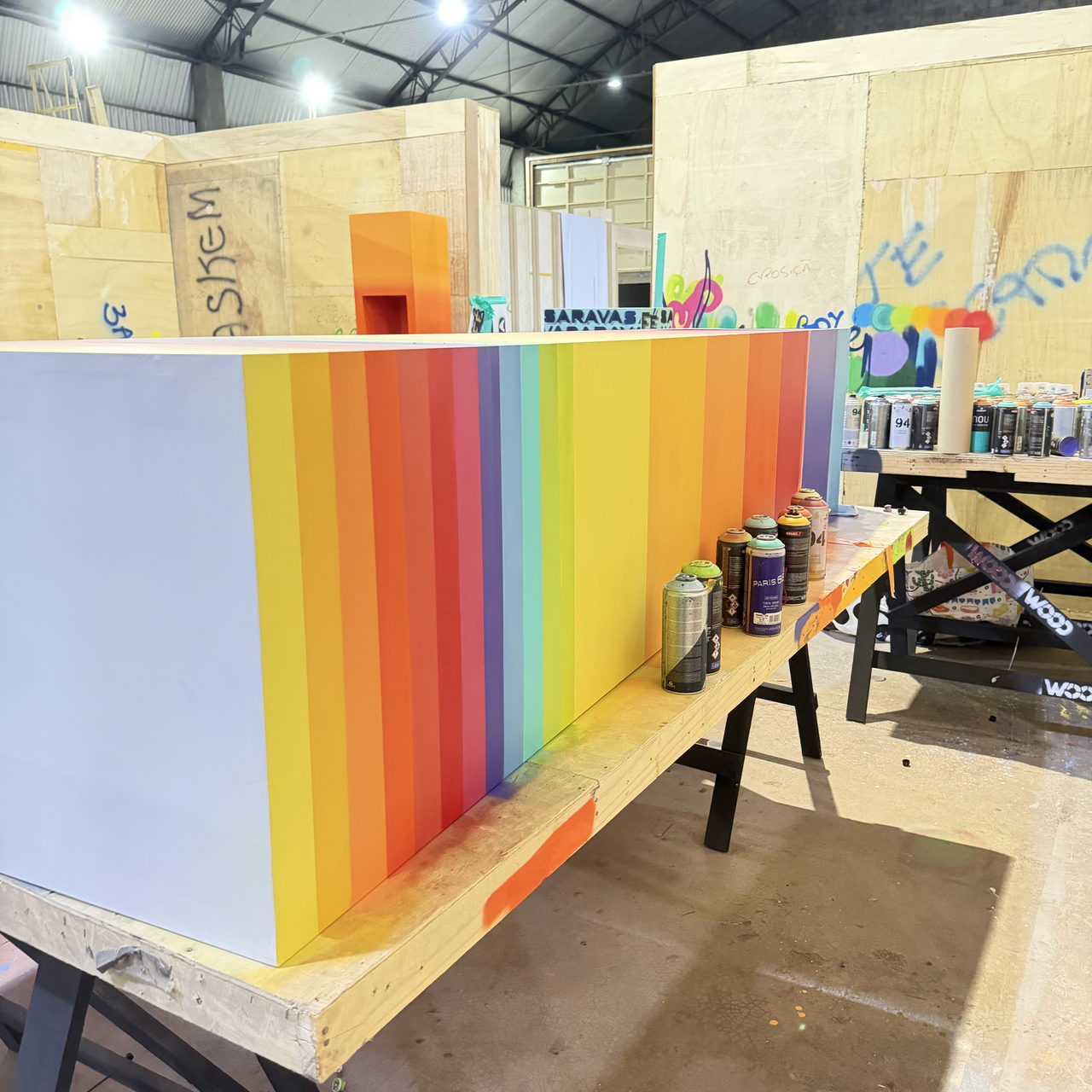 Beam in vertical rainbow bands in the workshop