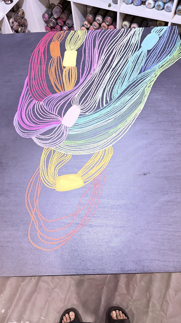 Toile des tresses terminée, avec toute la palette pastel
