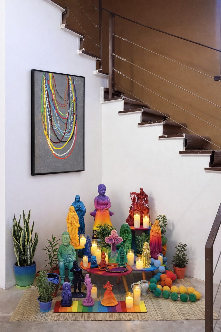 Coloured saints altar under the staircase, in a bright interior