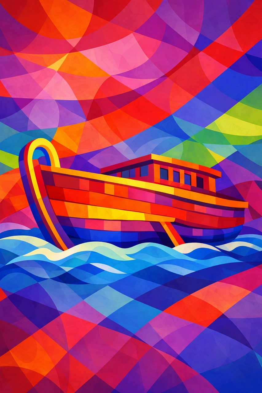 Bateau en illustration à facettes saturées