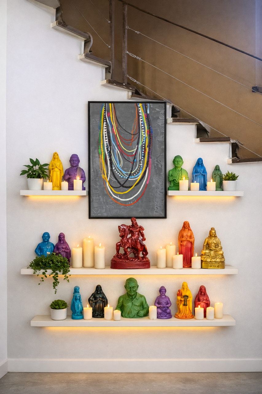 Coloured saints on lit shelves under the staircase