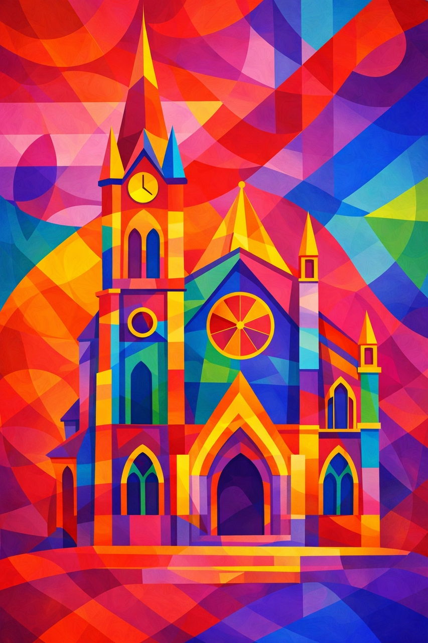Cathédrale en illustration à facettes saturées