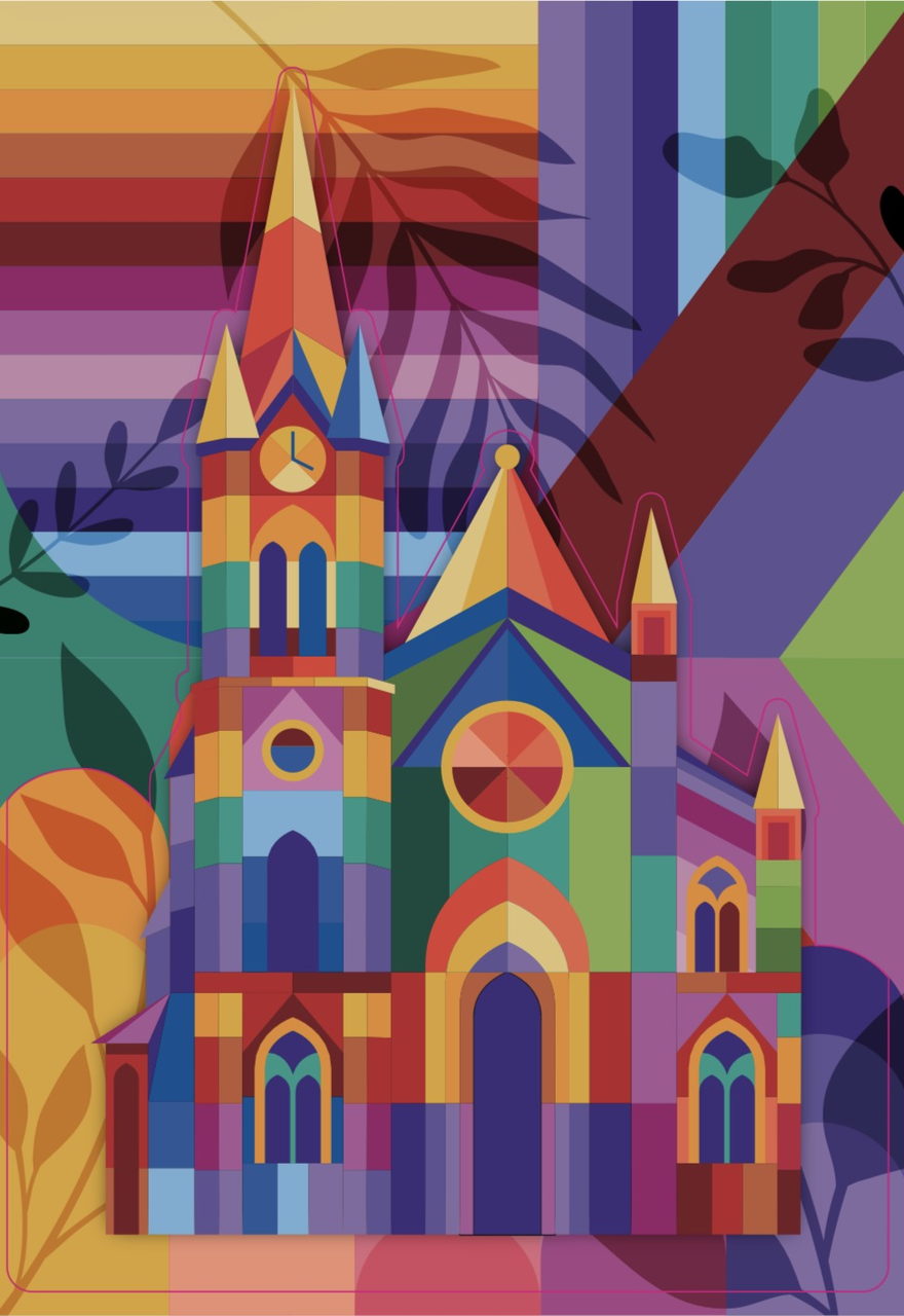 Illustration de la cathédrale en blocs arc-en-ciel