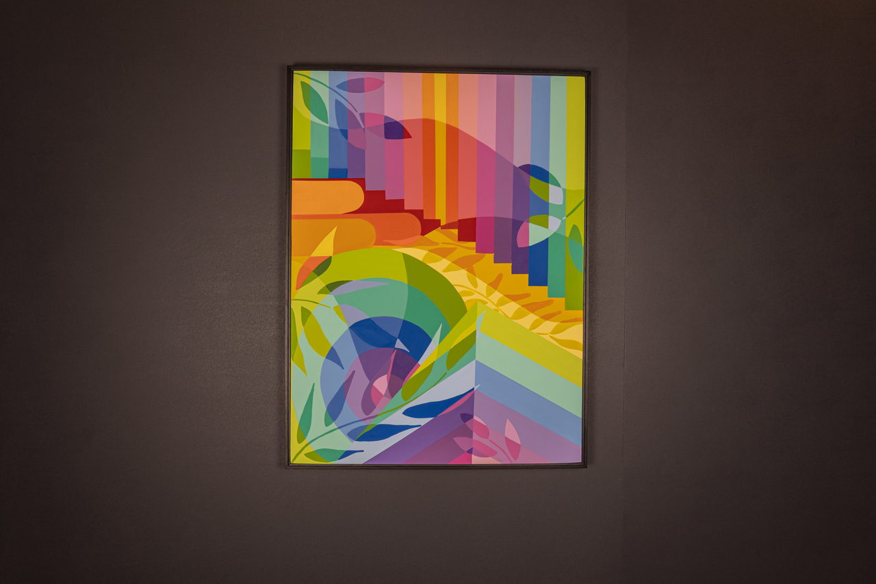 Toile verticale avec un escalier et un éventail arc-en-ciel