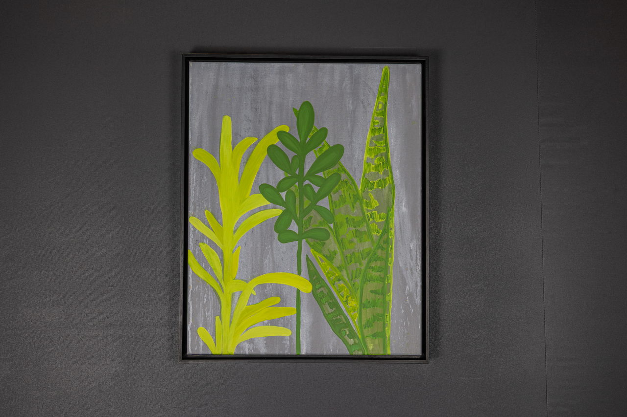 Toile de feuillage vert et jaune sur fond gris